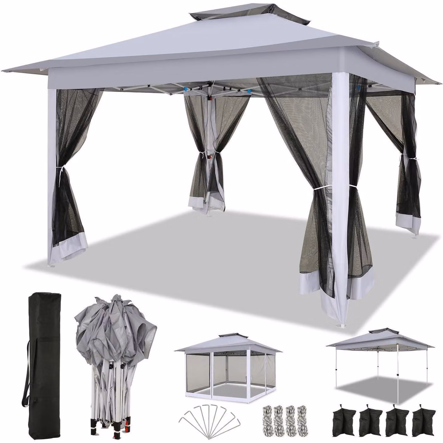 Gazebo da giardino 3x3 metri, impermeabile, stabile, a montaggio rapido, con zanzariera e tetto a doppia falda, colore grigio