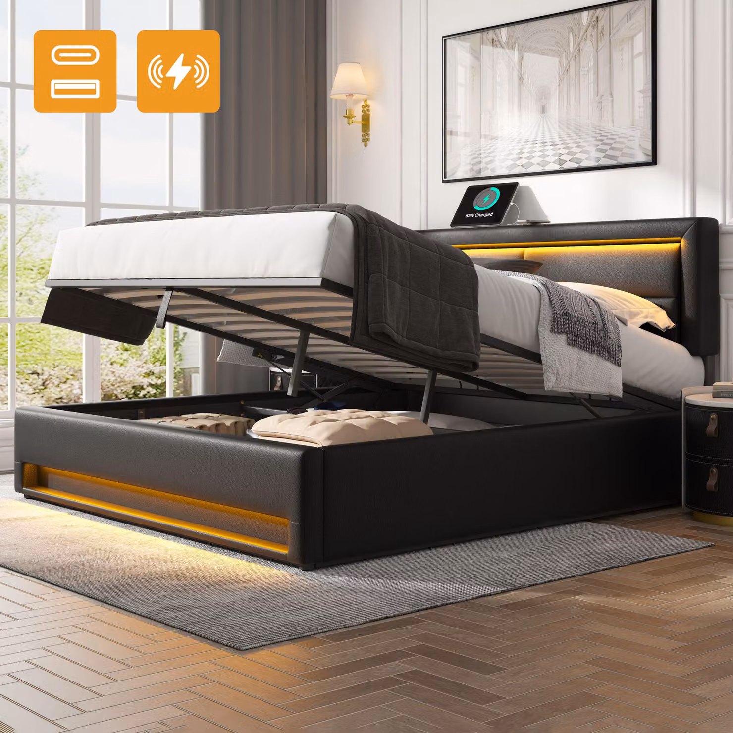Letto imbottito 140 x 190 cm, con porta USB, con illuminazione a LED e vano contenitore, senza materasso, designPoliuretanoLychee, nero
