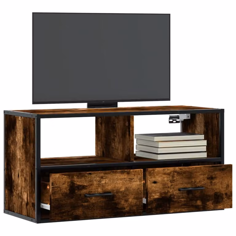 Mobile TV vidaXL in stile industrial, Rovere Fumo, L: 80 cm, P: 31 cm, H: 39,5 cm, in legno e metallo