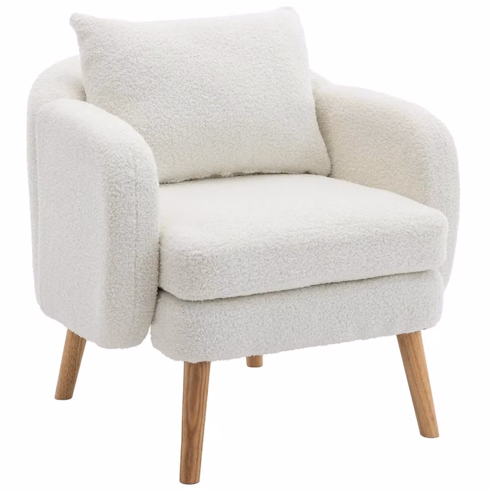 Poltrona Minimal in velluto bouclé bianco con cuscino e gambe in legno per soggiorno e camera da letto – 2