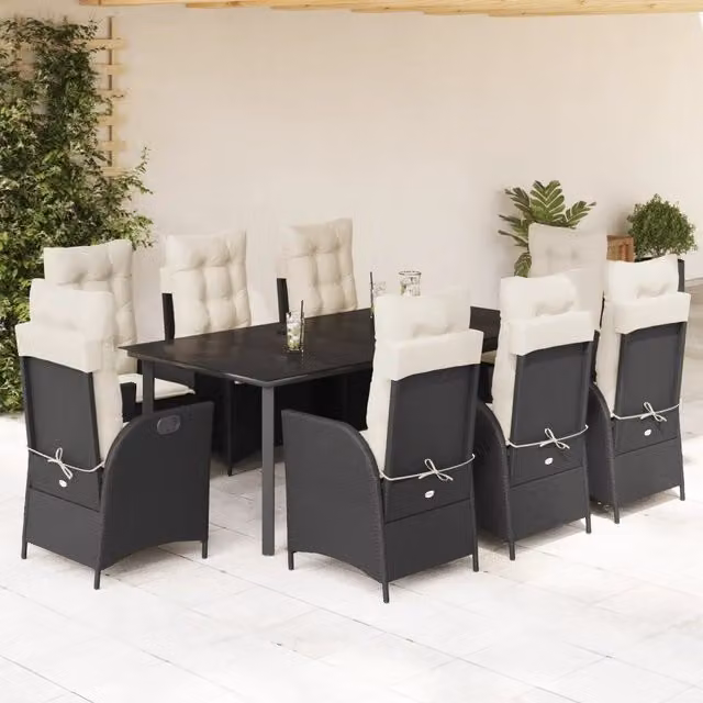 Set da pranzo da giardino vidaXL in polyrattan nero con cuscini e tavolo in vetro per 9 persone