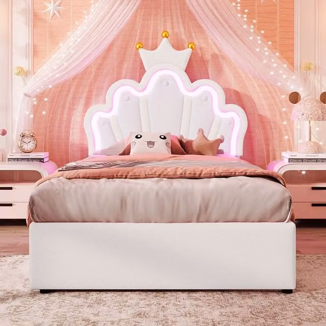 Letto bambino-Xylo-90x200 cm-2 cassetti, LED, testiera corona, PU bianco