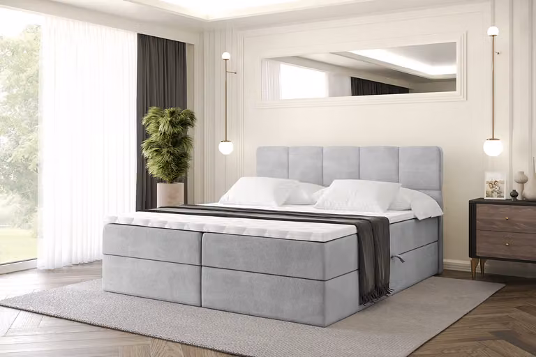 Letto boxspring ALTDECOR con materasso e rete a doghe, topper, letto imbottito con contenitore, letto con spazio contenitivo e materasso H4, letto matrimoniale, letto a cassettoni - LIRO - 140x200 - Grigio Monolith