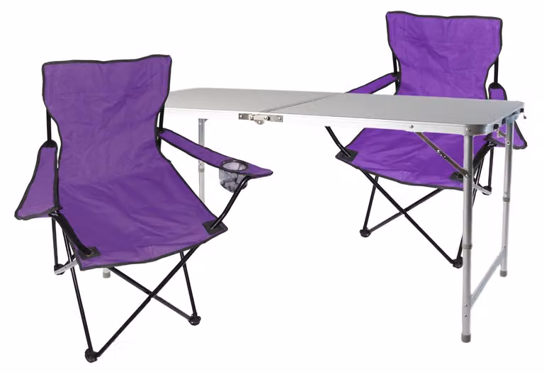Set da campeggio composto da 3 elementi: tavolo lilla con altezza regolabile, due sedie e una borsa