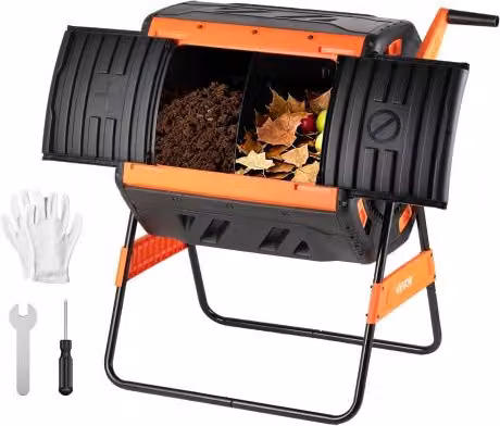 VEVOR Compostiera da Giardino Rotante a Doppia Camera da 200 L, Colore Nero, con 2 Porte Scorrevoli e Sistema di Aerazione
