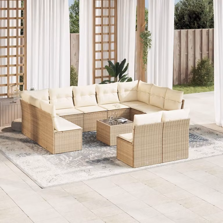 vidaXL Set Divani da Giardino 12 Pezzi con Cuscini Beige e Tavolino da Esterno in Polyrattan e Acciaio