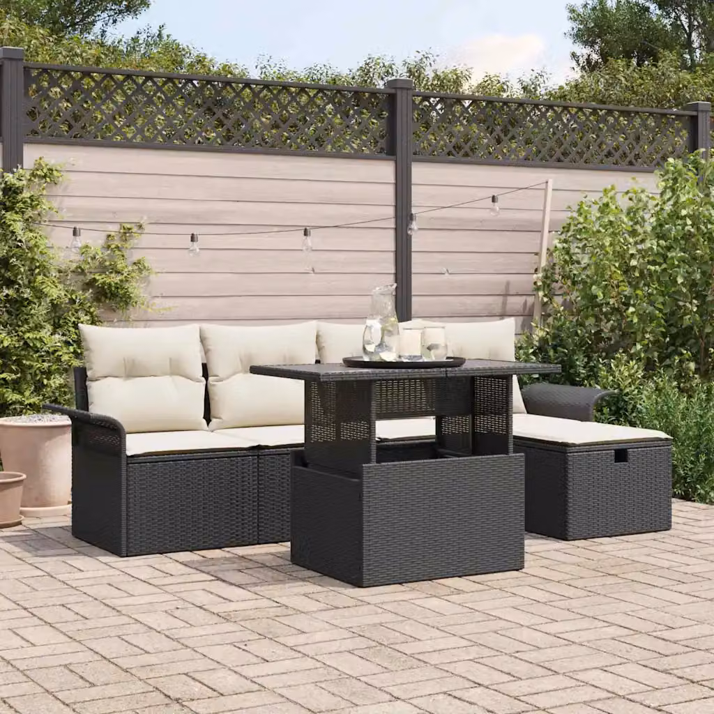 Set Divano da Giardino vidaXL 6 Pezzi Nero con Cuscini e Tavolino in Polyrattan e Metallo – 1