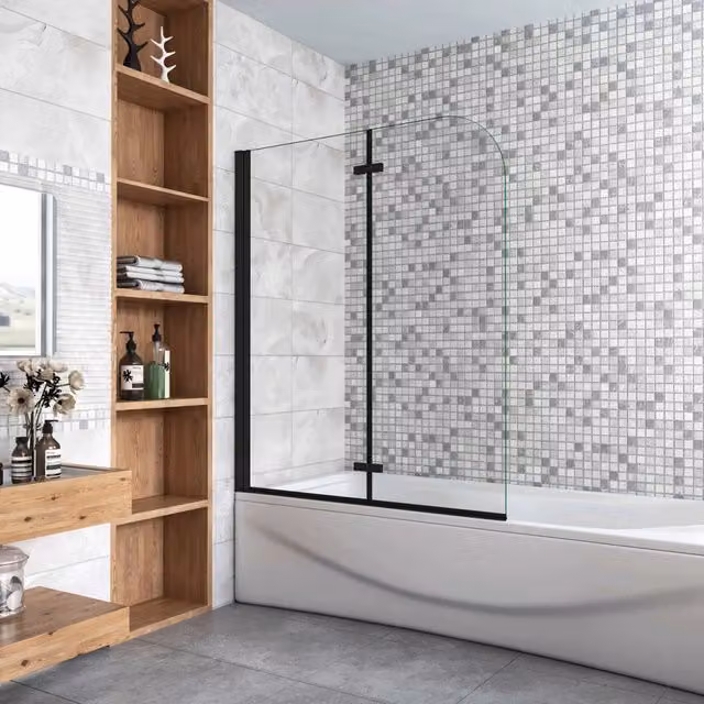 Sopravasca da bagno Aica Italy con due ante mobili in vetro temperato trasparente da 6 mm, trattamento anticalcare e telaio nero opaco, L: 140 cm, H: 90 cm – 1