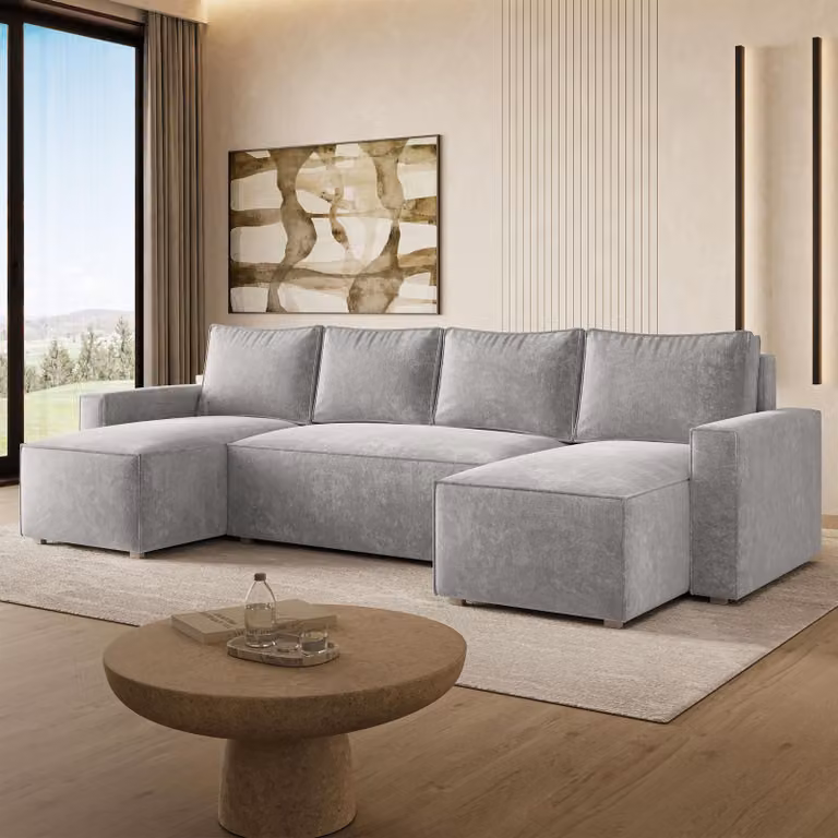 Divano ad angolo Masseno ASPRA LM con funzione letto a U, divano con contenitore, divano da salotto, divano, divano letto, set divani - Grigio, LUMO 65