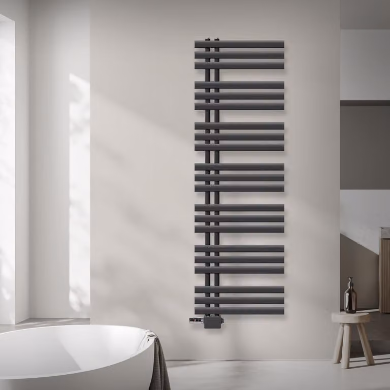 Radiatore da bagno LuxeBath Design, 500x1600 mm, antracite, set di collegamento termostatico universale ad angolo e passante, senza elemento riscaldante