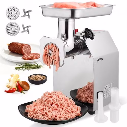 VEVOR Tritacarne Elettrico da Tavolo in Acciaio Inox Silver, 1100 W, Capacità 4,17 kg/min con Insaccatore, L/P/H: 44 x 43 x 43 cm