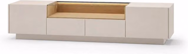 Mobile TV ARREDITALY Design Minimal Nordico con Illuminazione LED, 2 Ante, 2 Cassetti Push To Open e Ripiano in Vetro, Colore Cashmere, L: 203 cm, P: 39.5 cm, H: 43.4 cm