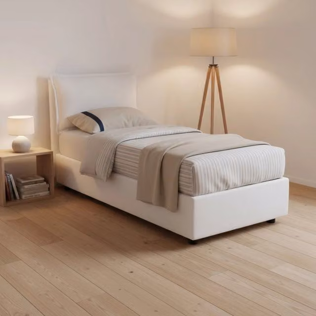 Letto singolo contenitore Animal di Talamo Italia con rivestimento in tessuto e materasso incluso, Bianco, L/P: 90 x 190 cm