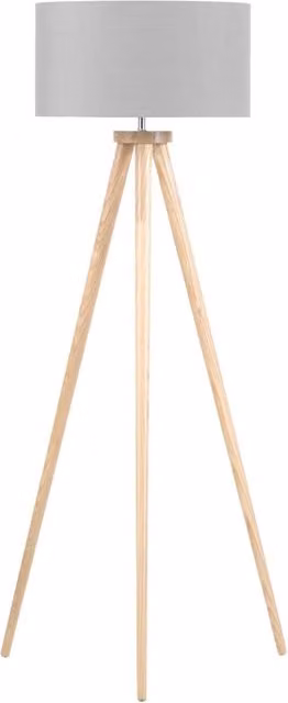 Lampada da Terra Policotone BELIANI con Gambe a Treppiede in Legno Chiaro e Paralume a Cilindro Grigio, Altezza: 142 cm