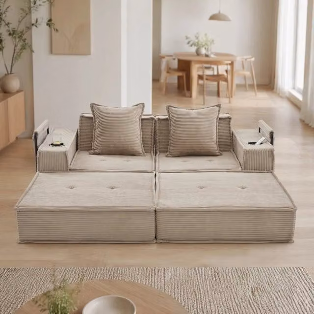 Divano letto 2 posti 162x78x66 cm kaki con tasche laterali, tessuto a coste