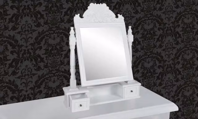 Toeletta con specchio rettangolare oscillante in MDF laccato bianco