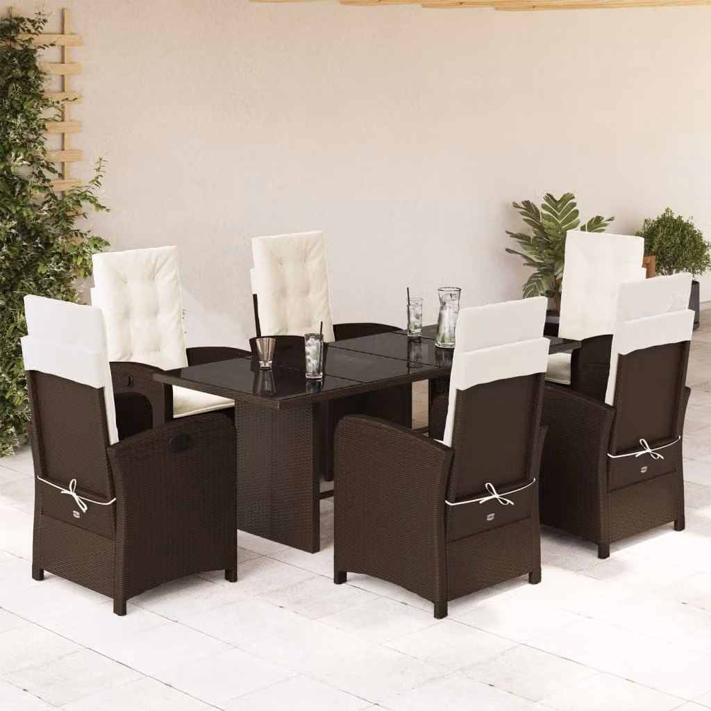 Set da Pranzo da Giardino 7pz vidaXL in Polyrattan Marrone con Piano in Vetro – 1