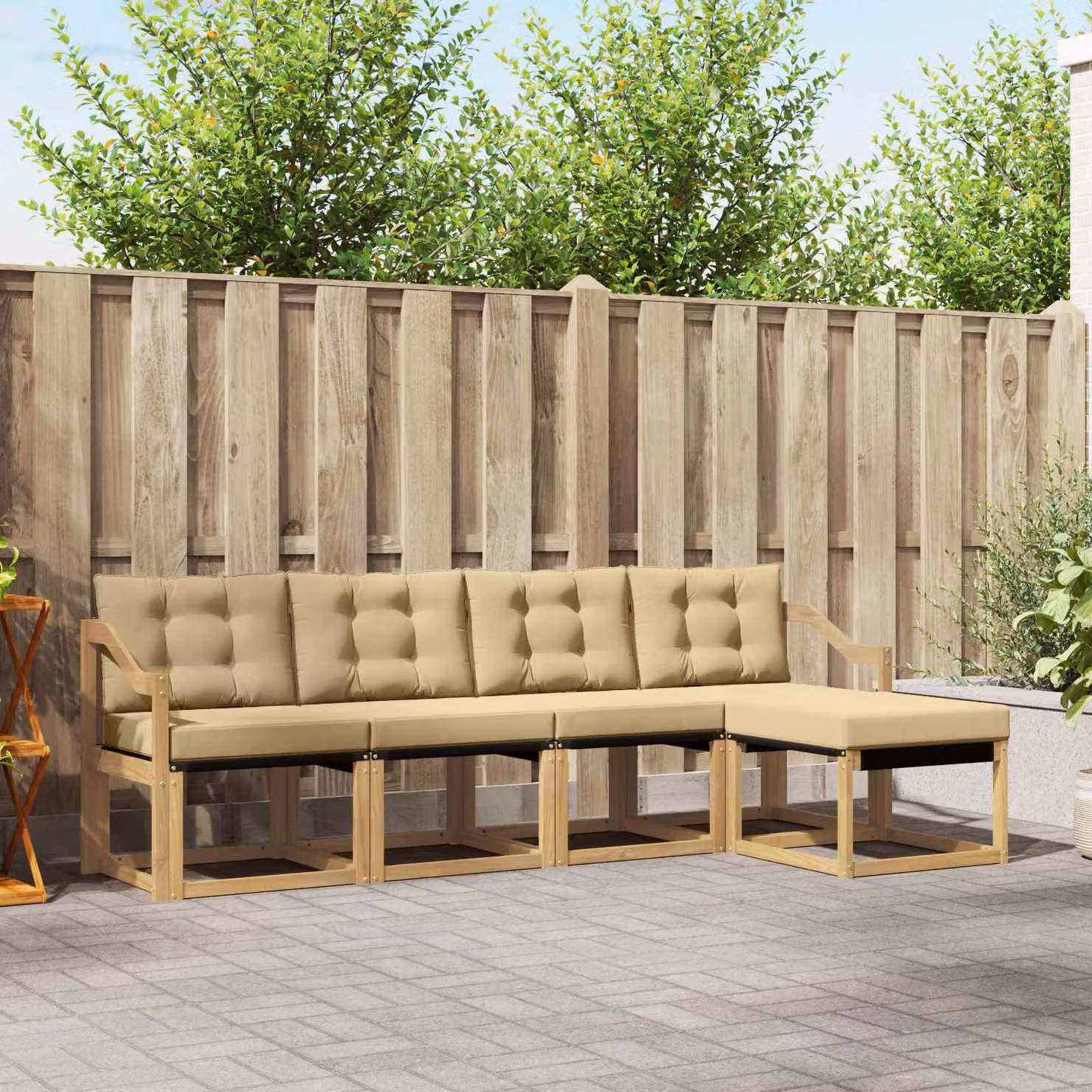 Set di divani da esterno vidaXL a forma di L composto da 5 pezzi con pouf e cuscini, struttura in legno di acacia e tessuto textilene, Bianco e Beige