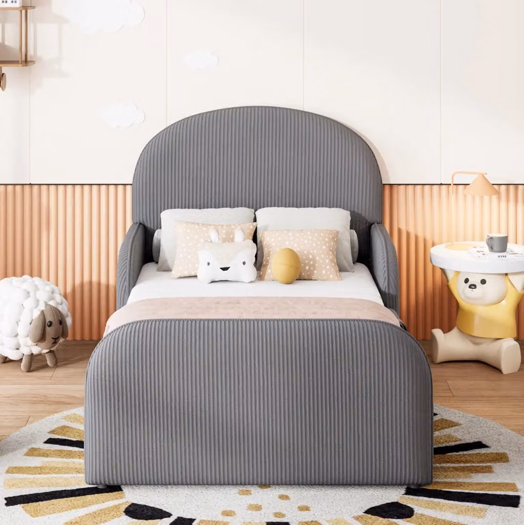 Letto imbottito per bambini con contenitore a sollevamento in tessuto grigio L/P/H: 200 x 90 x 34 cm – 2