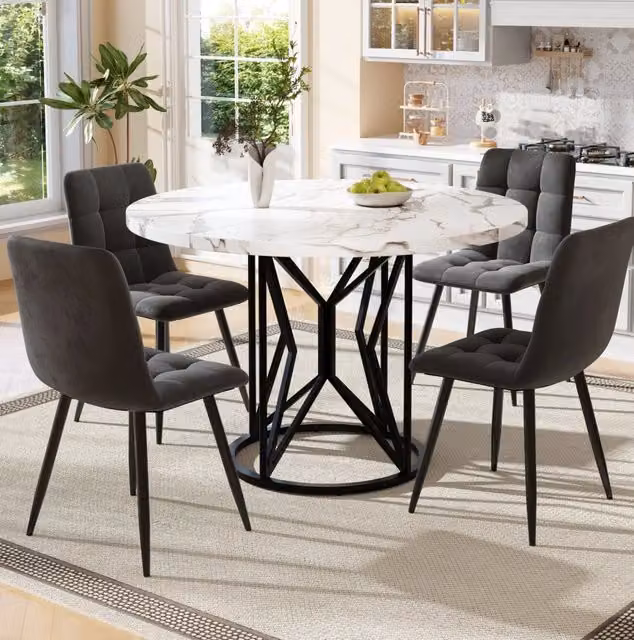 Set da pranzo rotondo 5 pezzi con tavolo 100 cm MDF e 4 sedie in velluto grigio
