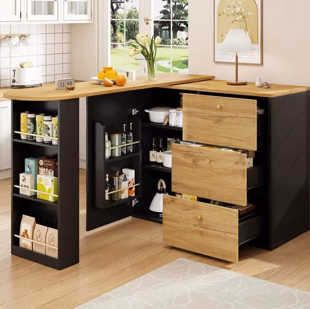 Tavolo bar estensibile 138-204 cm nero in MDF, girevole con 3 cassetti