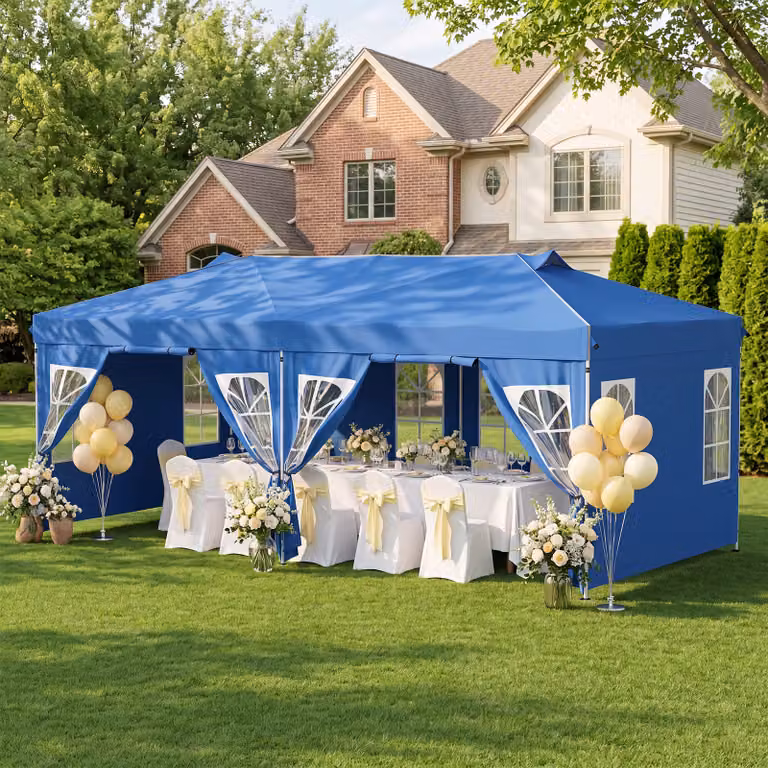 Gazebo da esterno pieghevole Costway Blu con pareti rimovibili e strisce riflettenti L: 6 m, P: 3 m