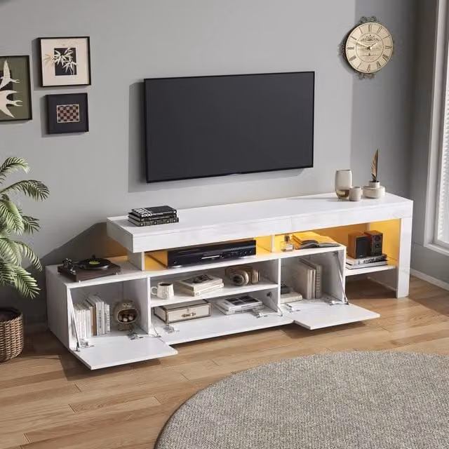 Mobile porta TV OKWISH moderno con LED e finitura lucida bianca per soggiorno L: 192 cm, P: 37 cm, H: 53 cm