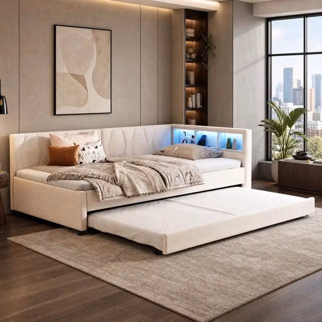 Letto da giorno estraibile 90x200 cm in lino beige con LED; USB e ripiani al testata