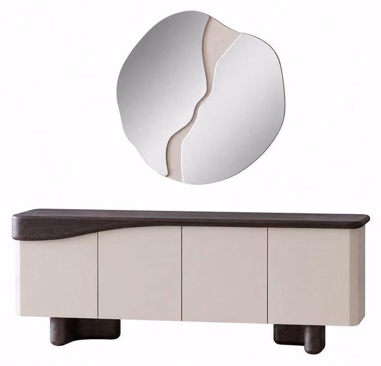 Credenza completa con specchio, mobile contenitore, comodino e altri mobili per l'organizzazione degli spazi
