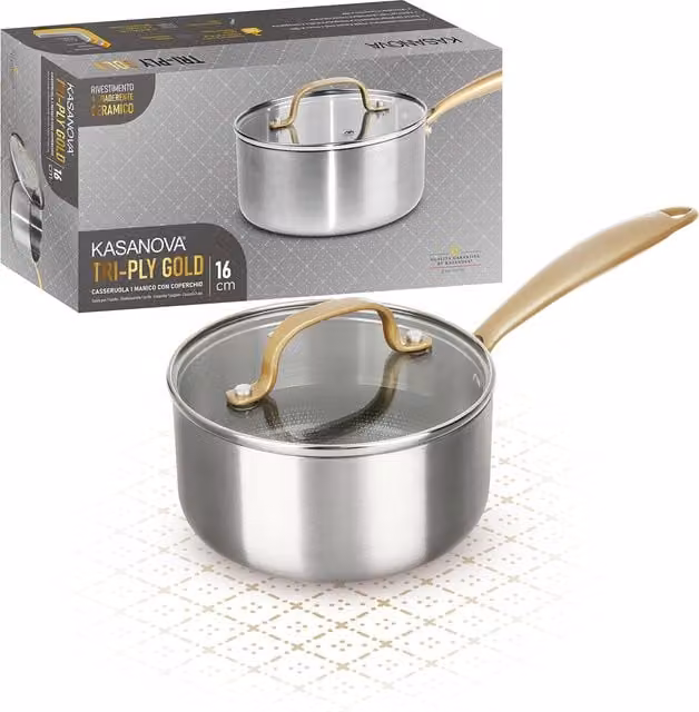 Casseruola Kasanova Tri Ply Gold con coperchio in vetro e rivestimento ceramico, Diametro: 16 cm