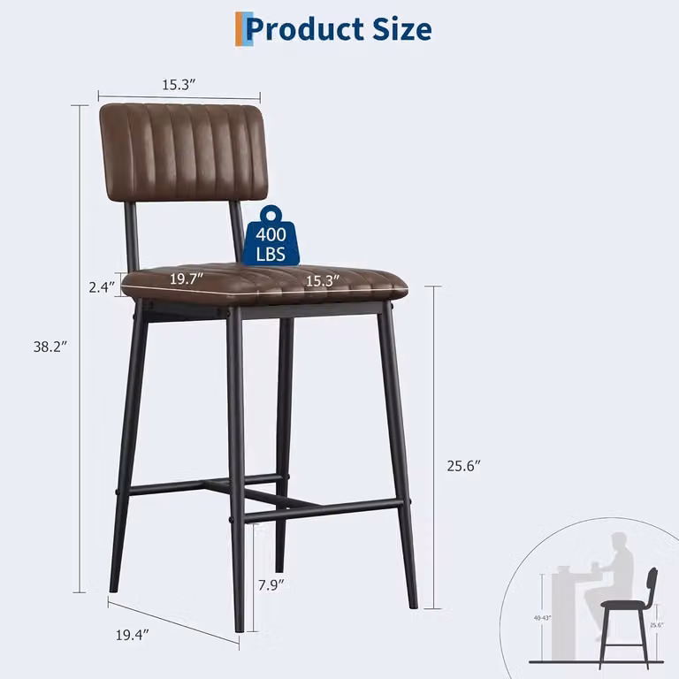 Sgabelli da bar comodi - Sedia da pranzo con schienale alto - Seduta imbottita e generosa - Gambe in metallo - Set da 6 pezzi - Colore marrone
