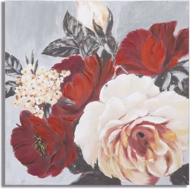 Dipinto su tela Red Flower di Vikasa Home con composizione floreale di rose rosse, bianche e grigie, forma quadrata, L 90 cm x P 90 cm x H 90 cm