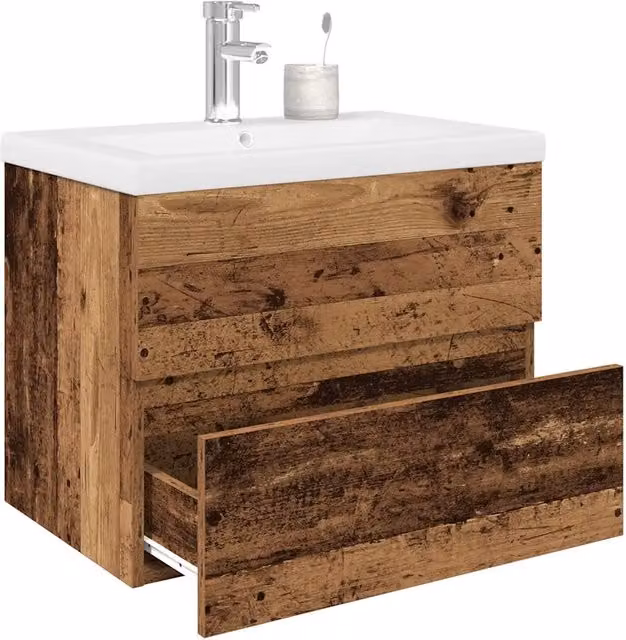 Mobile da Bagno Sospeso vidaXL in Legno e Ceramica con Lavabo Integrato, Colore Bianco e Marrone, Stile Rustico