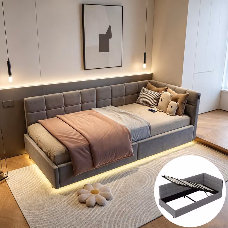 Letto imbottito INONEFT 90x200 con LED e USB/C, letto per ragazzi con spazio contenitore a sollevamento idraulico, divano letto singolo, letto giorno, struttura letto con rete a listelli, velluto, grigio