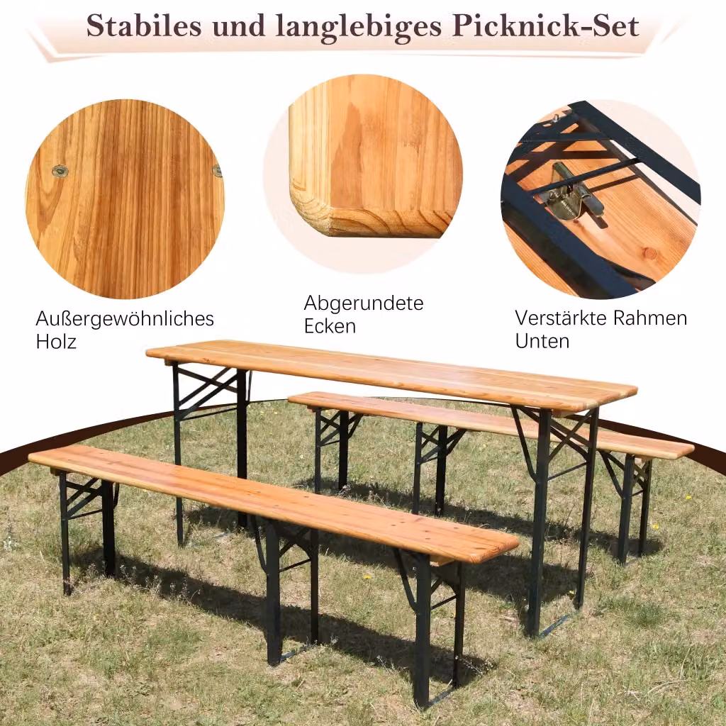 Set da picnic OKWISH con carrello, tavolo pieghevole e 2 panche richiudibili in legno naturale marrone L: 177 cm – 2