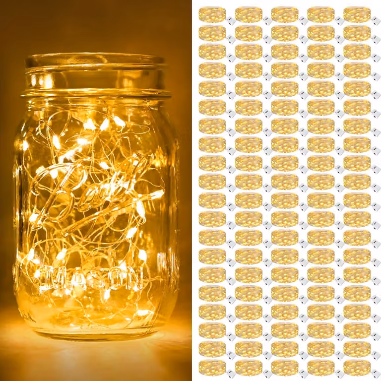 Catena luminosa a LED, 2 metri, 20 LED, luce bianco caldo, 3 modalità, grado di protezione IP65, confezione da 100 pezzi