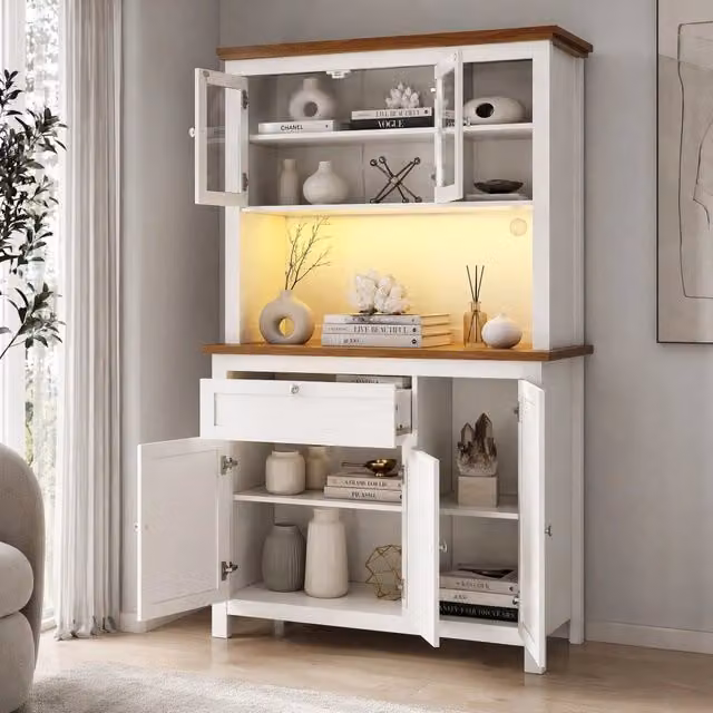 Hochschrank 104×40×180 cm mit verstellbaren Ablagen, LED-Beleuchtung und Glastüren, weiß