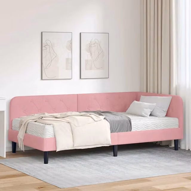 Cornice del letto ad angolo vidaXL in velluto rosa, L/P/H: 194 x 94 x 72 cm – 1
