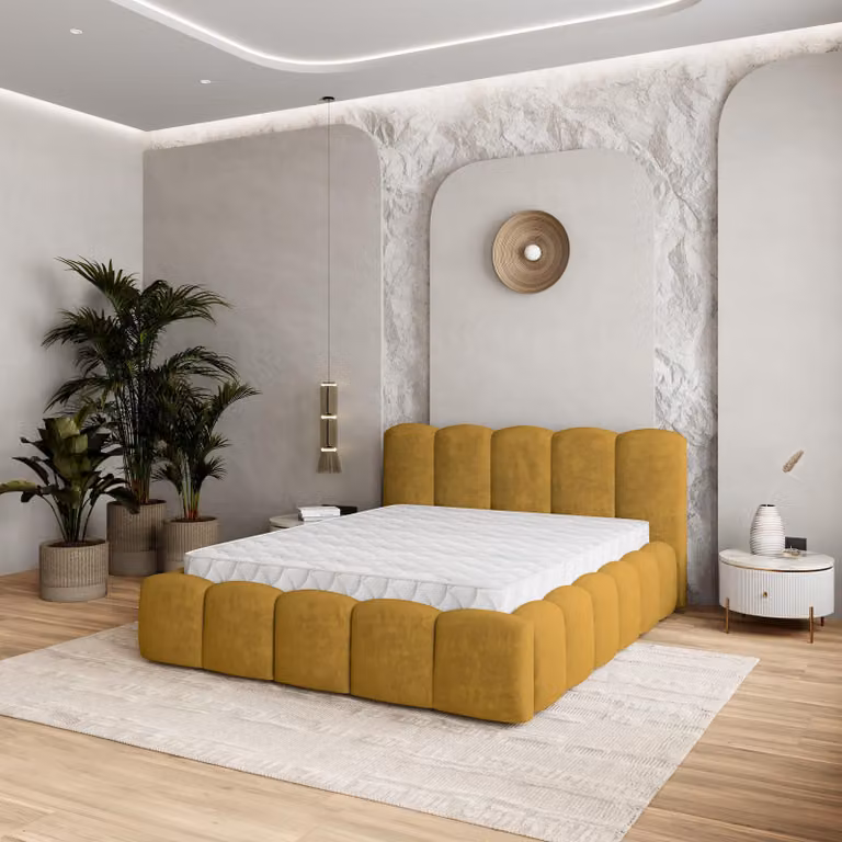 Letto imbottito Masseno FALINA K 120x200 cm, letto imbottito con cassetti - Giallo, KRONOS 01