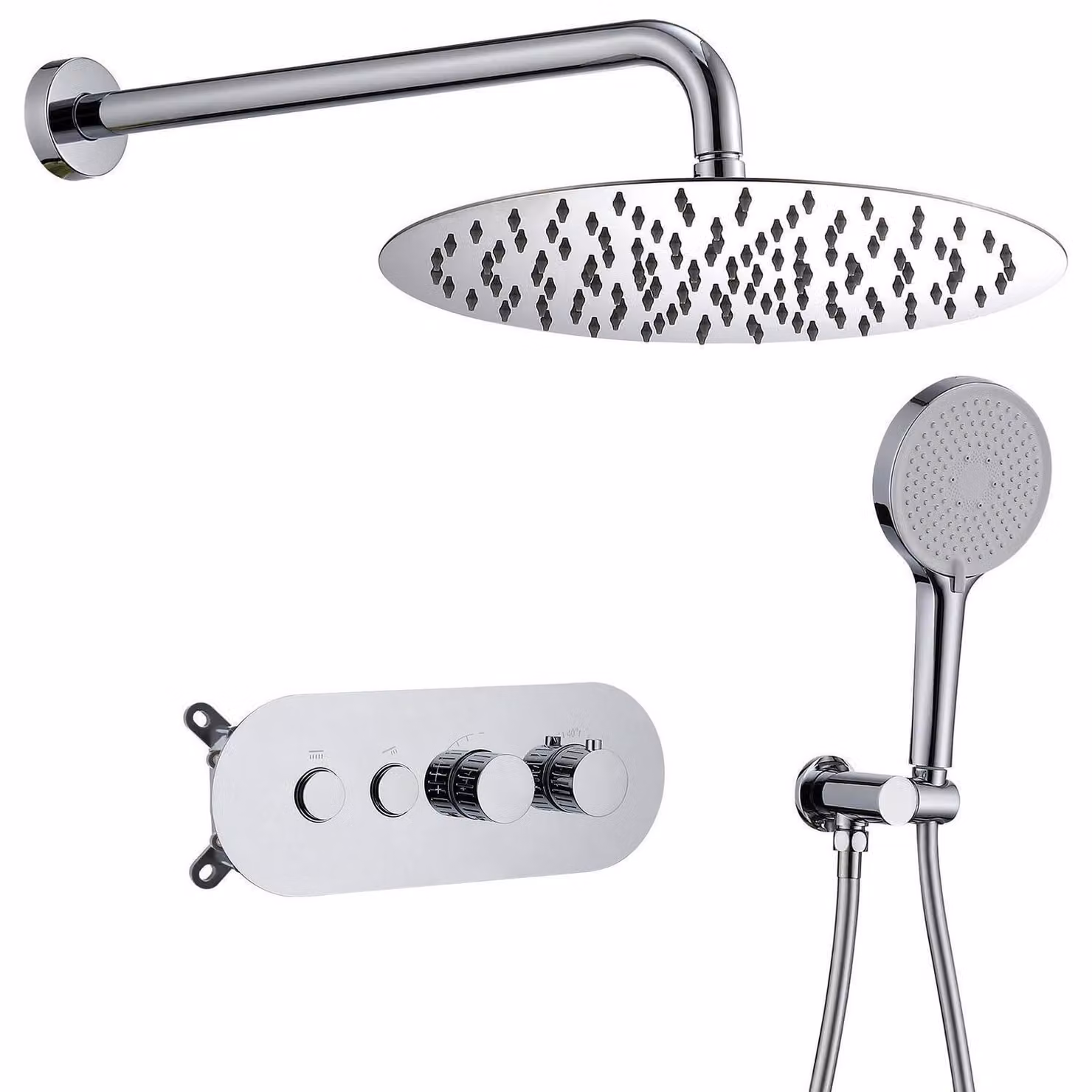 Sistema doccia da incasso con termostato, soffione a pioggia da 30 cm, doccetta manuale, realizzati in ottone e dotati di pulsanti