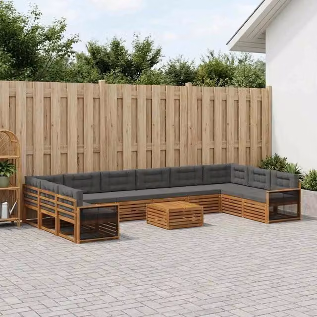 Set di divani da giardino vidaXL in legno di acacia massello con cuscini grigi e marroni a forma di U per esterni – 1