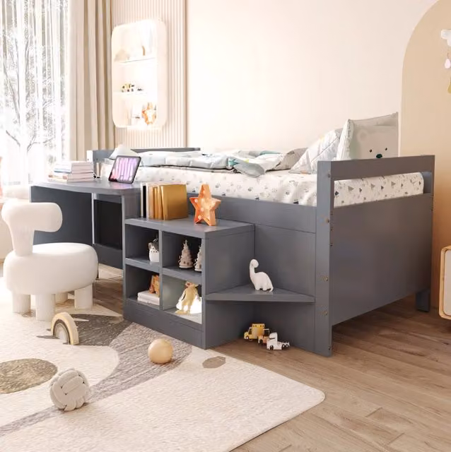 Letto singolo multifunzione MODFU con scrivania, vani portaoggetti e prese USB, grigio, L/P: 90 x 200 cm