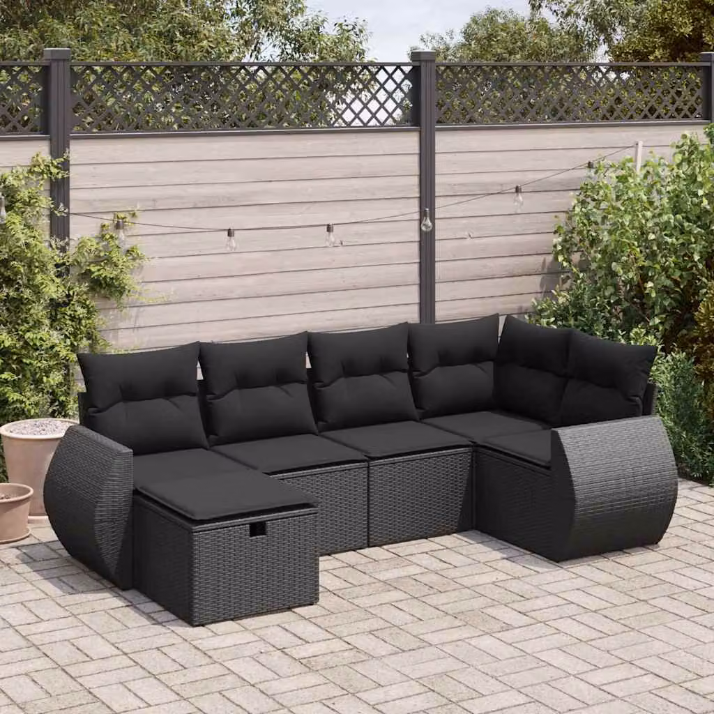 Set Divano da Giardino vidaXL 6 pz a Forma a L con Cuscini e Ottoman, Polyrattan Nero e Struttura in Metallo