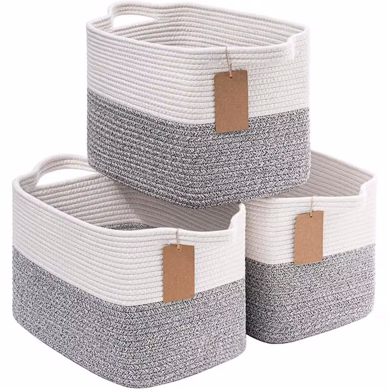Set di 3 cesti portaoggetti in cotone intrecciato, grigi, dimensioni 33x25x22,5 cm. Cesti decorativi con maniglie