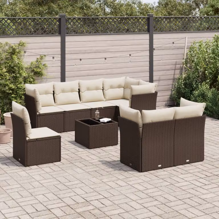 vidaXL Set Divani da Giardino 9 Pezzi in Polyrattan Marrone con Cuscini e Tavolino da Esterno