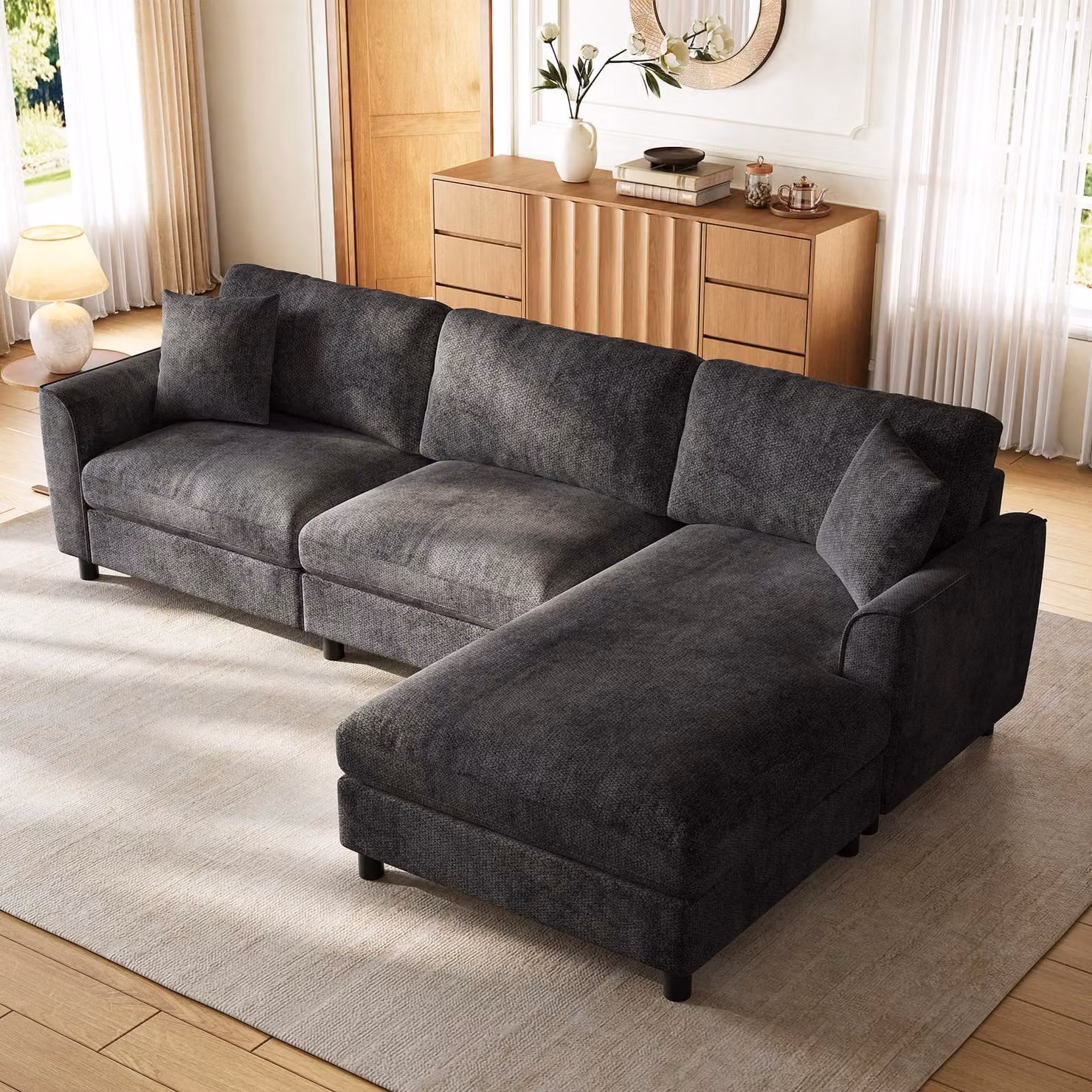 Divano angolare modello Cloud, 3 posti, con chaise longue regolabile, superficie di riposo di 90 cm di larghezza, modulare, dimensioni 256x137x79 (grigio)