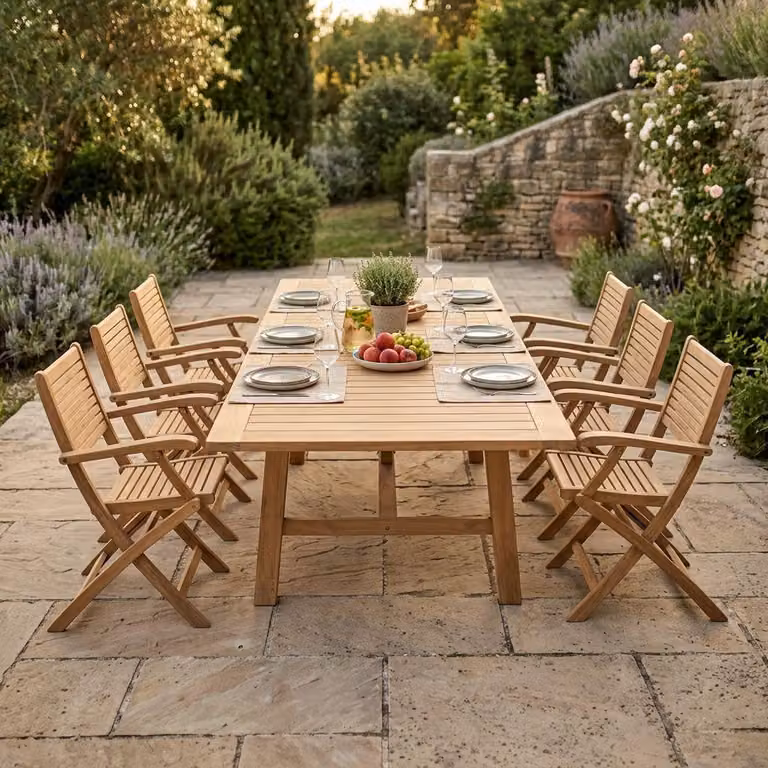 Milani Home - Set tavolo e sedie da giardino per esterno in legno resistente di teak cm 160/240x90x77 h con 6 sedute - Marrone