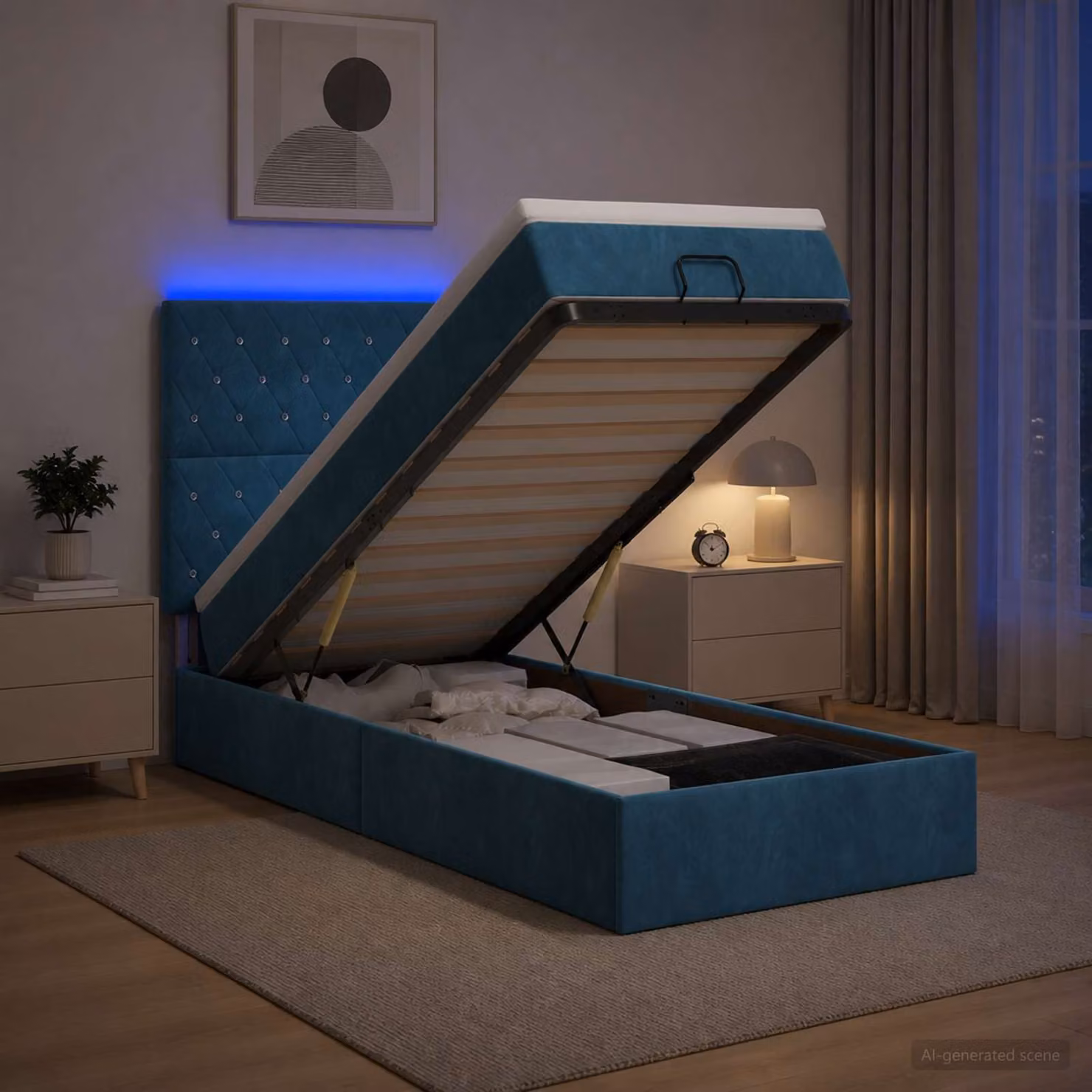 Letto Ottomano vidaXL con Materasso Ibrido e Illuminazione LED Blu scuro L: 190 cm, P: 90 cm, H: 88 cm