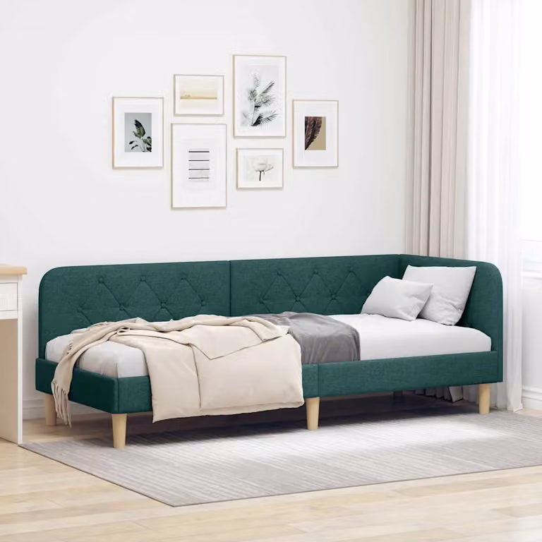 vidaXL Cornice del letto ad angolo in tessuto verde con doghe in legno L: 200 cm, P: 80 cm, H: 72 cm
