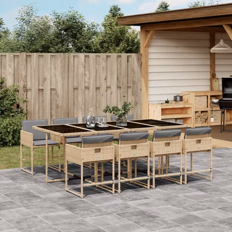 Set Pranzo da Giardino vidaXL in Polyrattan con Cuscini Beige e Tavolo in Vetro 9 pz